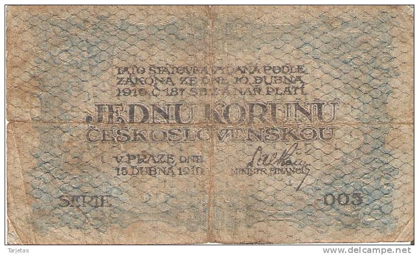 BILLETE DE CHECOSLOVAQUIA DE 1 KORUNA DEL AÑO 1919  (BANKNOTE) - Tchécoslovaquie