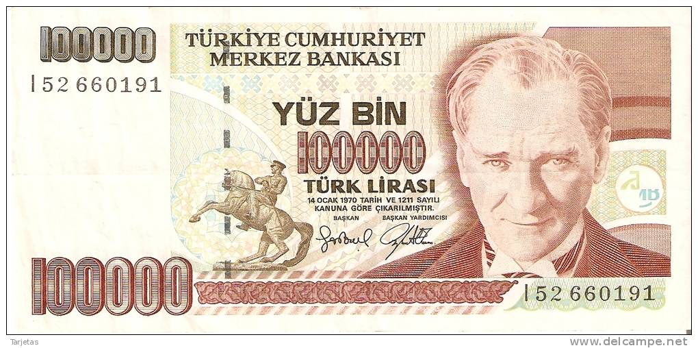 BILLETE DE TURQUIA DE 100000 LIRASI DEL AÑO 1970 (BANKNOTE) - Turquie