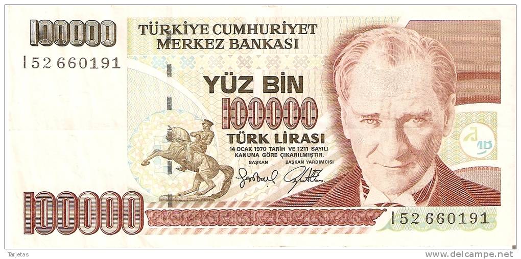 BILLETE DE TURQUIA DE 100000 LIRASI DEL AÑO 1970 (BANKNOTE) - Turkije