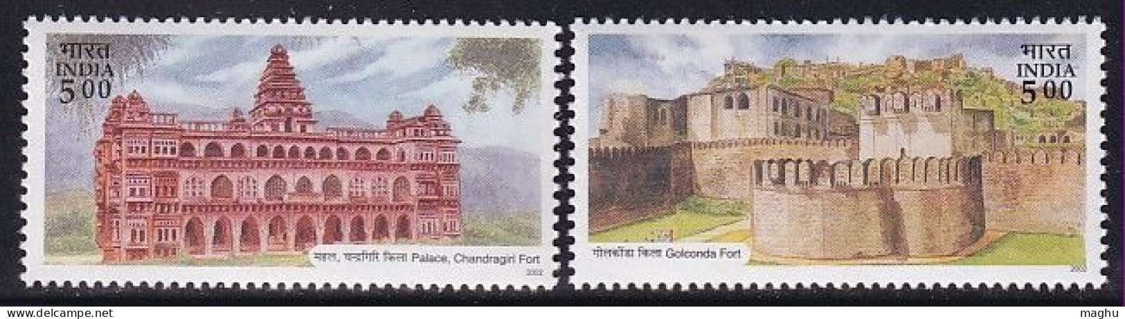 India MNH 2002, Set Of 2, Forts Of Andra Pradrsh, Golconda, Palace Of Chandragiri Fort. - Unused Stamps