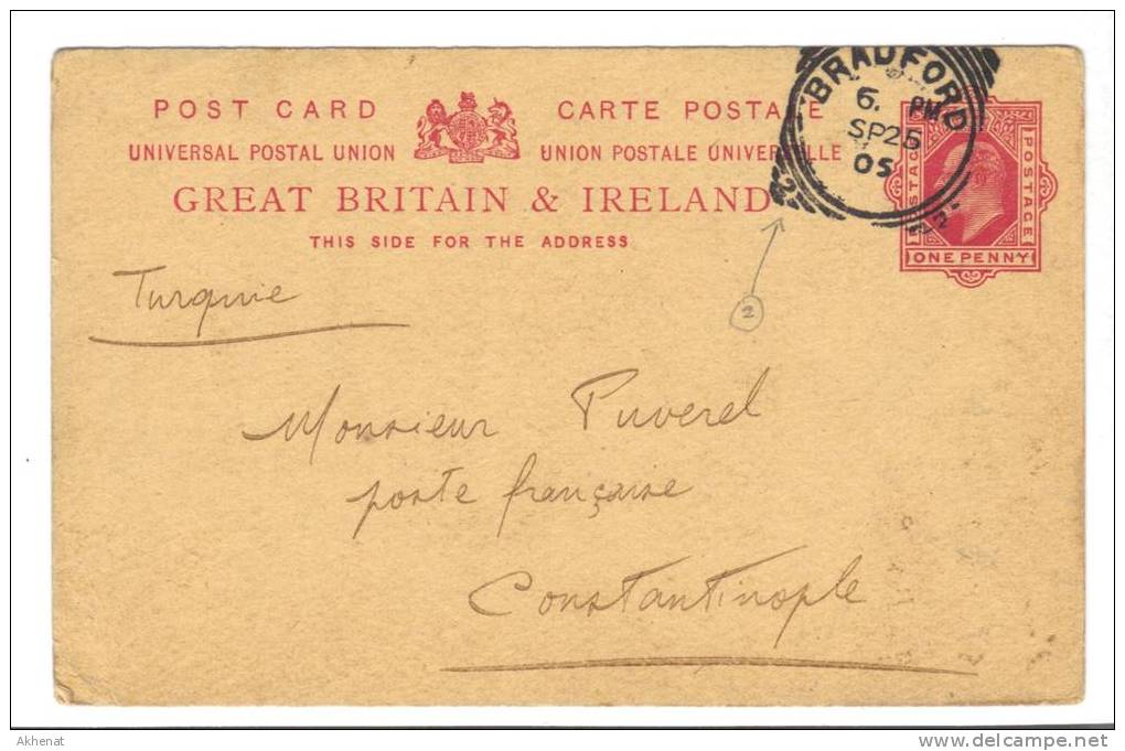 ENG168 - U.K. , Intero Viaggiato Da Bradford Per Costantinople Francaise (Turkey) 25SP05  . - Storia Postale