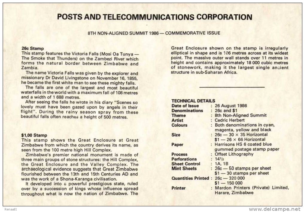 Zimbabwe 1986 Mi. 348-349 FDC, Non-Aligned Summit, Victoria Falls Waterfall, Great Enclosure Monument, Illustr. Elephant - Zimbabwe (1980-...)