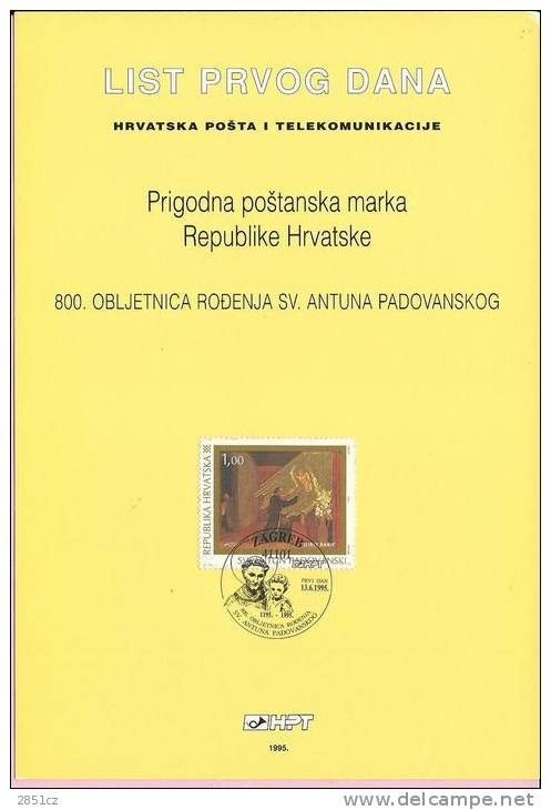 800th ANNIVERSARY OF BIRTH ST. ANTUN PADOVANSKI, Zagreb, 13.6.1995., Croatia, Casually Card - Théologiens