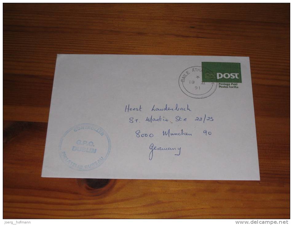 Ireland Irland Postal Stationery Cover Irish Used Stamped Blue 1991 Controller Irish Philatelic Bureau GPO Dublin - Covers & Documents