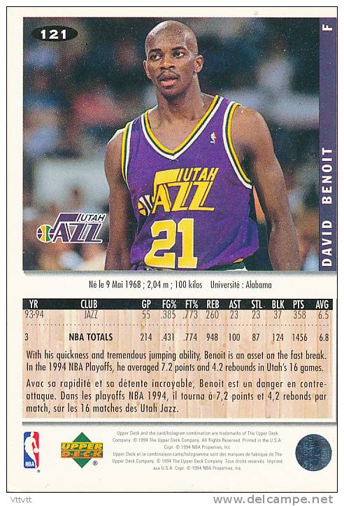 Basket NBA (1994), DAVID BENOIT, JAZZ, Collector´s Choice (n° 121), Upper Deck, Trading Cards... - 1990-1999