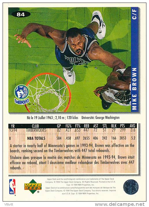 Basket NBA (1994), MIKE BROWN, TIMBERWOLVES, Collector´s Choice (n° 84), Upper Deck, Trading Cards... - 1990-1999