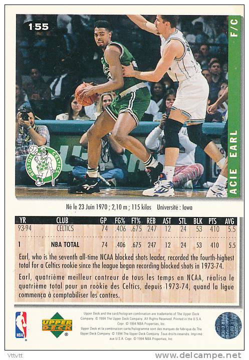 Basket NBA (1994), ACIE EARL, CELTICS, Collector´s Choice (n° 155), Upper Deck, Trading Cards... - 1990-1999