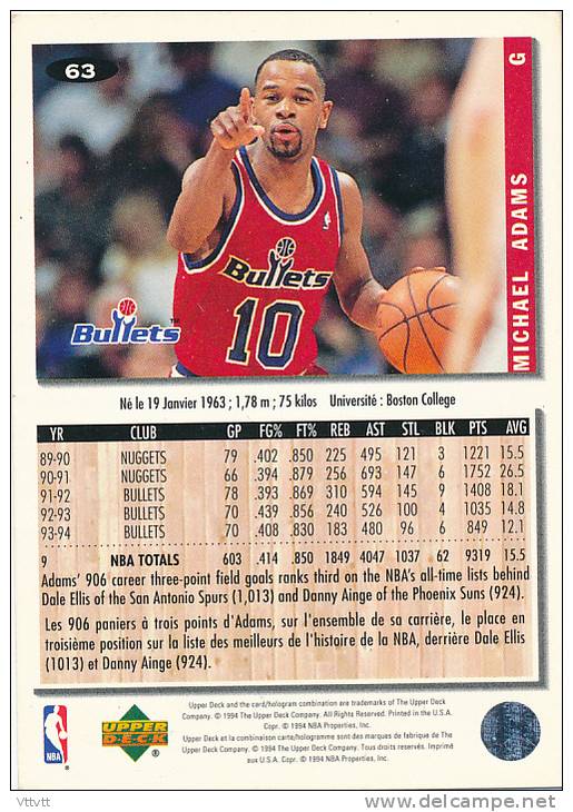 Basket NBA (1994), MICHAEL ADAMS, BULLETS, Collector´s Choice (n° 63), Upper Deck, Trading Cards... - 1990-1999