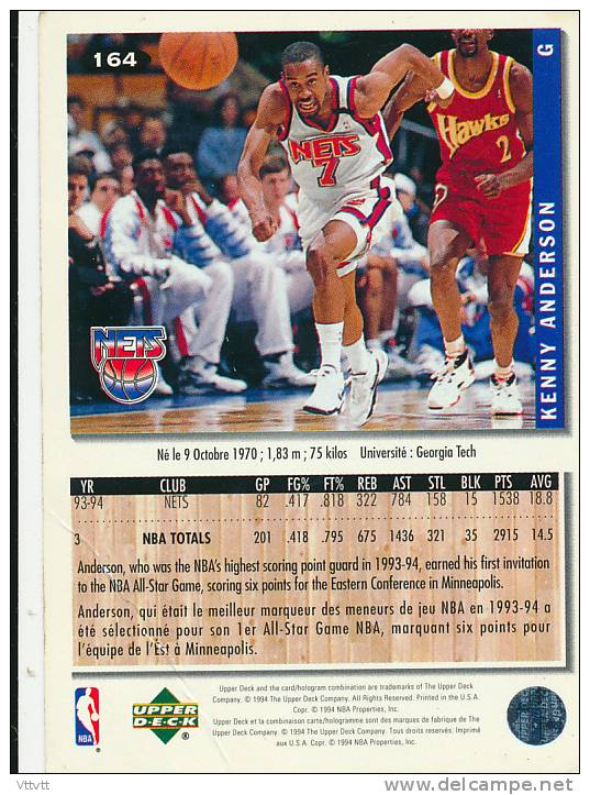 Basket NBA (1994), KENNY ANDERSON, NETS, Collector´s Choice (n° 164), Upper Deck, Trading Cards... - 1990-1999