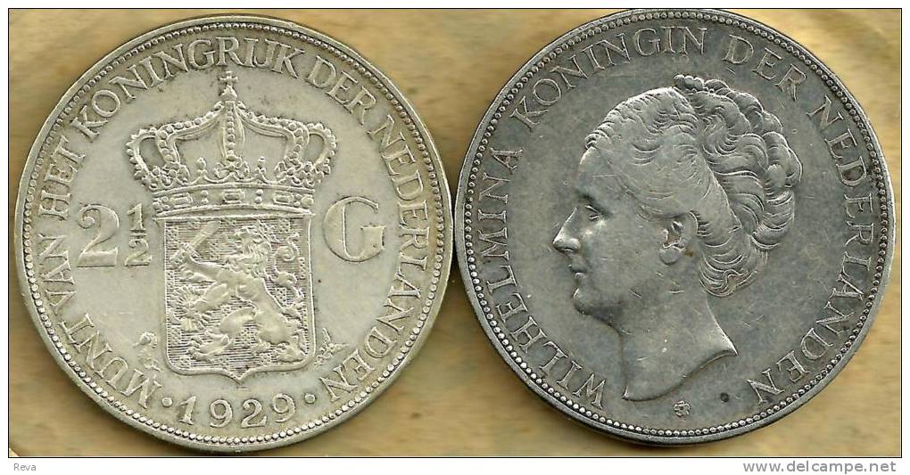 NETHERLANDS 2&1/2 GULDEN EMBLEM FRONT WOMAN HEAD BACK 1929 AG SILVER KM165  READ DESCRIPTION CAREFULLY !!! - 1 Gulden