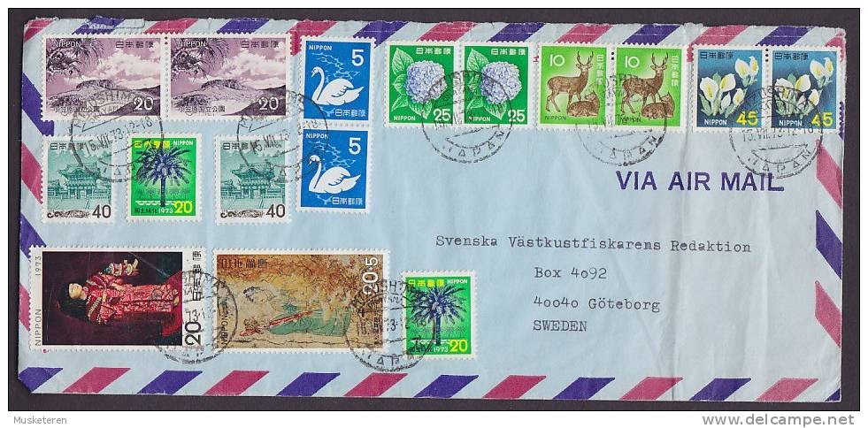 Japan Airmail Par Avion Mult Franked Beauty 1973 Cover GÖTEBORG Sweden Swan Schwan Bird Vogel Blume Flower Hirsch Deer - Cartas & Documentos