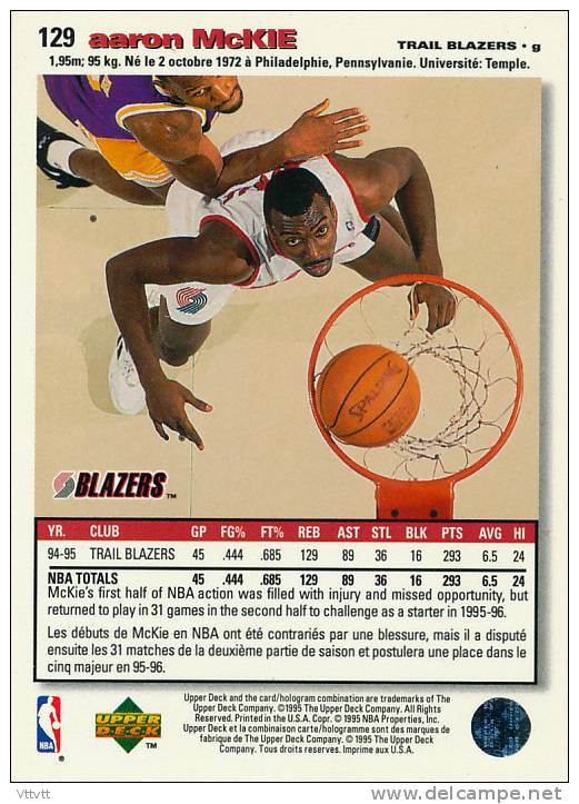 Basket NBA (1995), AARON McKIE, BLAZZERS, Collector´s Choice (n° 129), Upper Deck, Trading Cards... - 1990-1999