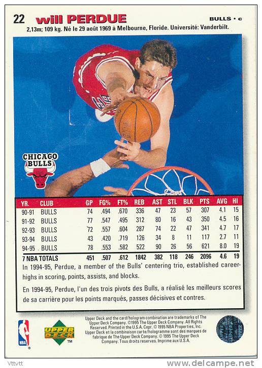 Basket NBA (1995), WILL PERDUE, BULLS, Collector´s Choice (n° 22), Upper Deck, Trading Cards... - 1990-1999