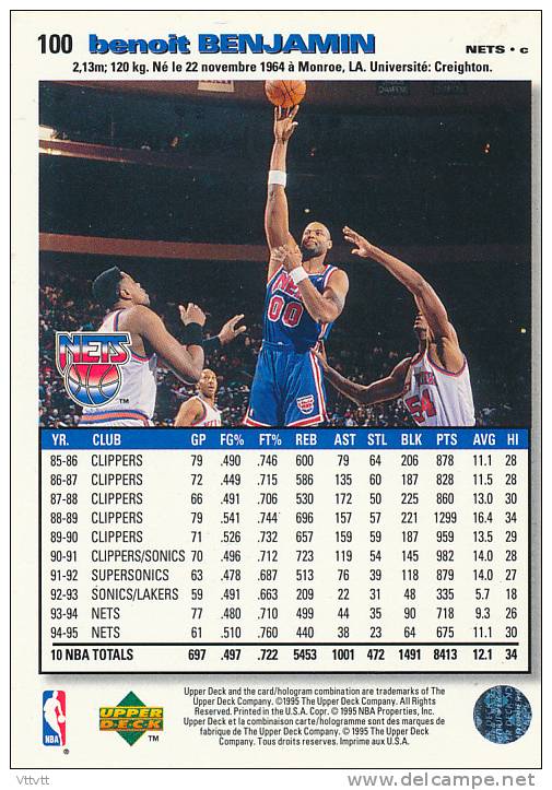 Basket NBA (1995), BENOIT BENJAMIN, NETS, Collector´s Choice (n° 100), Upper Deck, Trading Cards... - 1990-1999