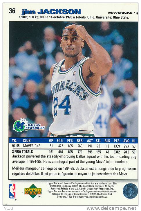 Basket NBA (1995), JIM JACKSON, MAVERICKS, Collector´s Choice (n° 36), Upper Deck, Trading Cards... - 1990-1999