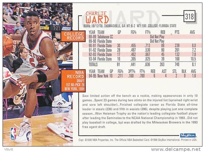 Basket NBA (1996), CHARLIE WARD, NEW YORK, SkyBox, NBA Hoops (n° 318) - 1990-1999