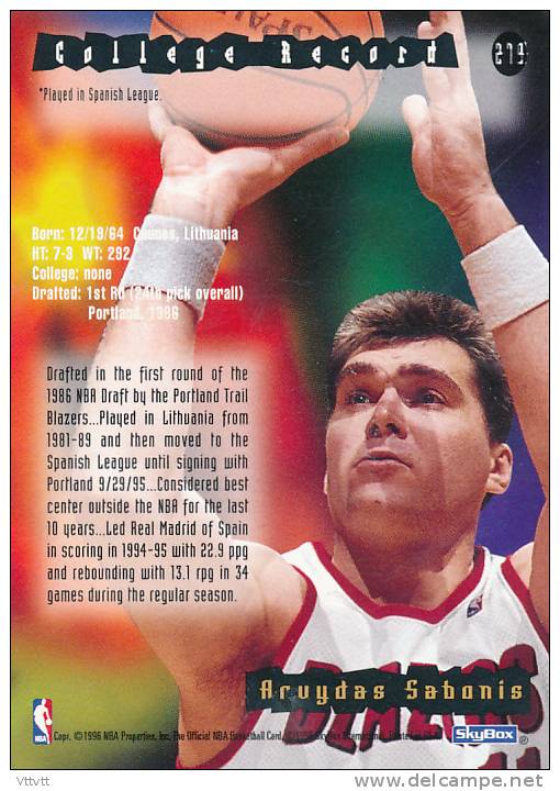 Basket NBA (1996), ARUYDAS SABONIS, BLAZERS, SkyBox, NBA Hoops (n° 279) - 1990-1999