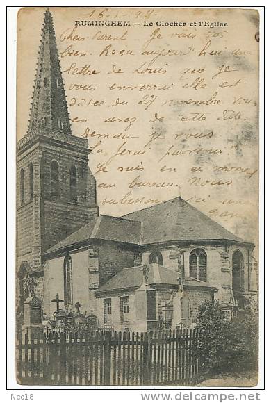 Ruminghem Le Clocher Et L Eglise  Cachet Guerre 1914 Telegraphiste Genie TSF Calais - Autres & Non Classés