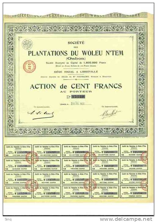 Société Des Plantations Du Woleu N'tem 28 Juillet 1933 GABON - Altri & Non Classificati