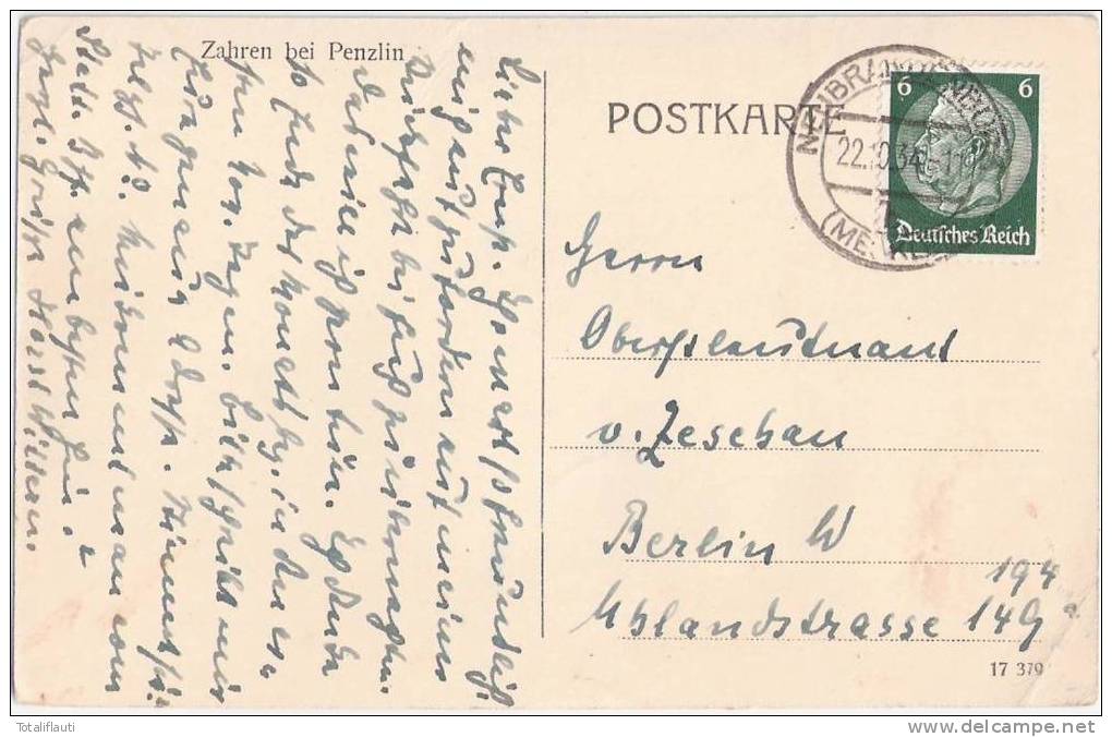 Zahren Bei Penzlin Schloß Autograph An Oberstleutnant Von Zeschau Berlin 22.10.1934 Gelaufen - Waren (Mueritz)