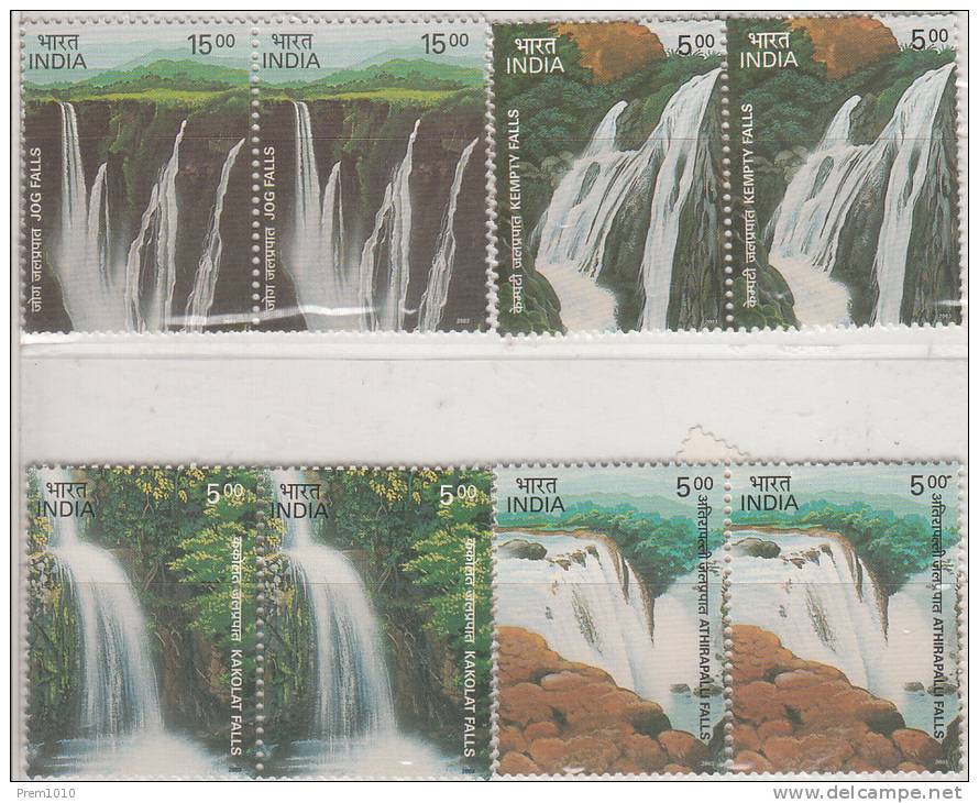 INDIA 2003- BEAUTIFUL WATERFALLS OF INDIA- SET OF 4 IN BLOCK OF 2 EACH- MNH - Unused Stamps