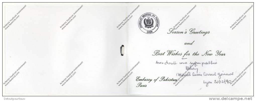 PAKISTAN : Carte De Voeux Ambassade à Paris Consulat à Lyon Wishing Card French Embassy And General Consulat  1990 - Pakistán
