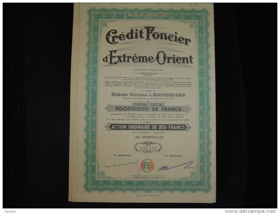 Action " Crédit Foncier D'extreme Orient "1946 ( Chine,Asie ,Océanie ) Excellent état. - Banco & Caja De Ahorros