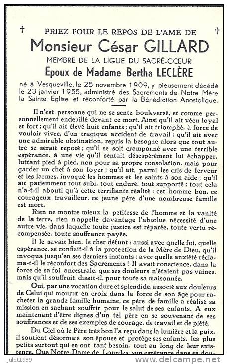 VESQUEVILLE ..-- SAINT - HUBERT , 1909 . 1955 . Mr César Gillard , époux De Mme Bertha Leclère . - Saint-Hubert