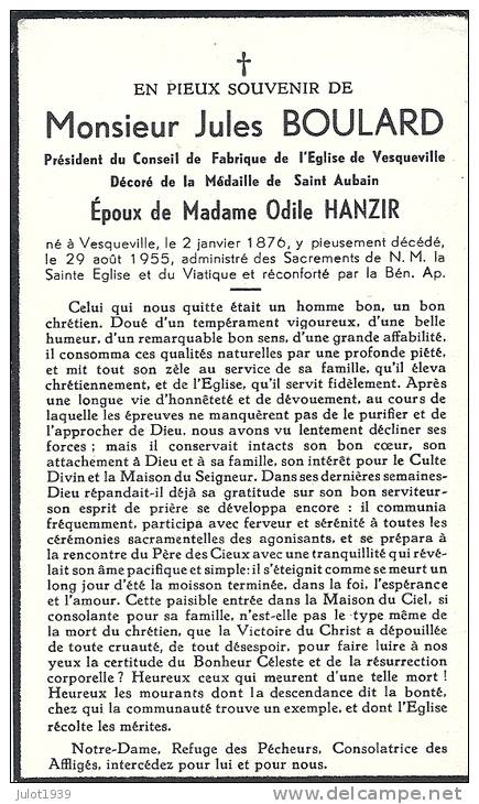 VESQUEVILLE ..-- SAINT - HUBERT , 1876 . 1955 . Mr Jules Boulard , époux De Mme Odile Hanzir . - Saint-Hubert