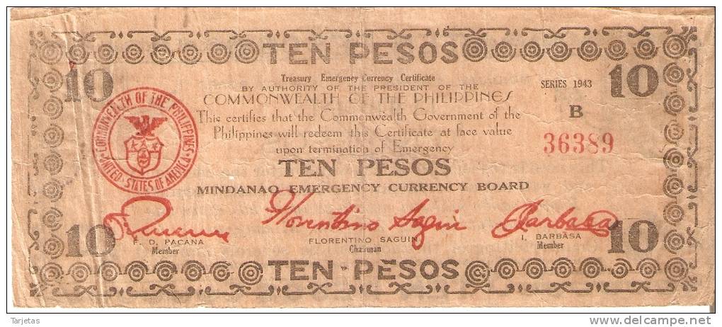 BILLETE DE FILIPINAS DE 10 PESOS DEL AÑO 1943 (RARO)  (BANKNOTE-BANK NOTE) - Filipinas