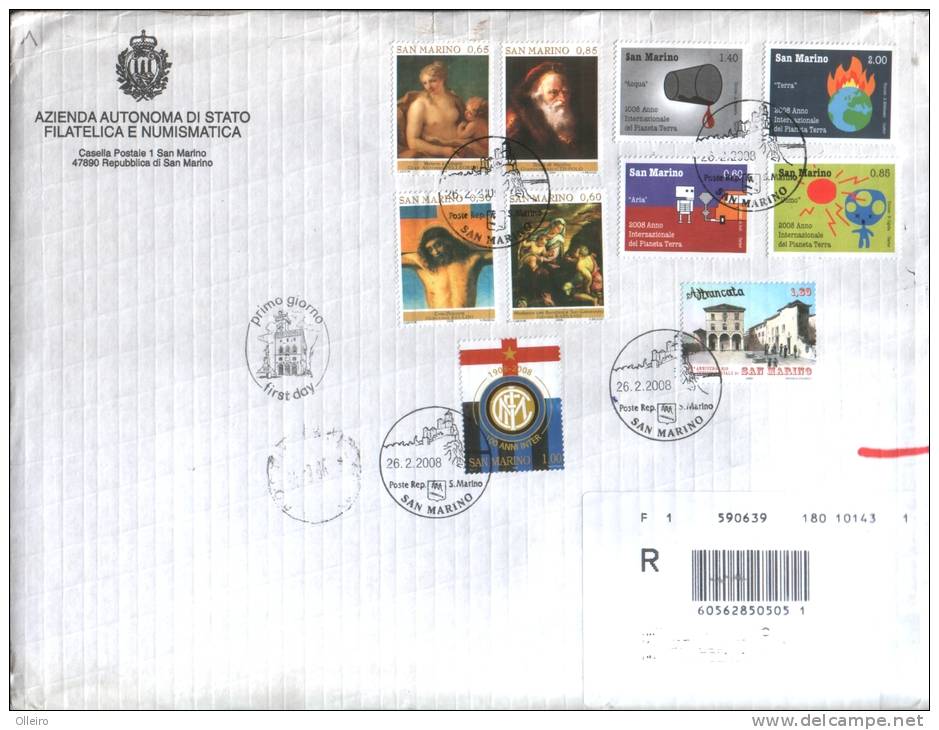 San Marino 2008 Busta FDC 100 Fondazione Inter-175 Ufficio Postale- Anno Int.terra-Dipinti - Usati