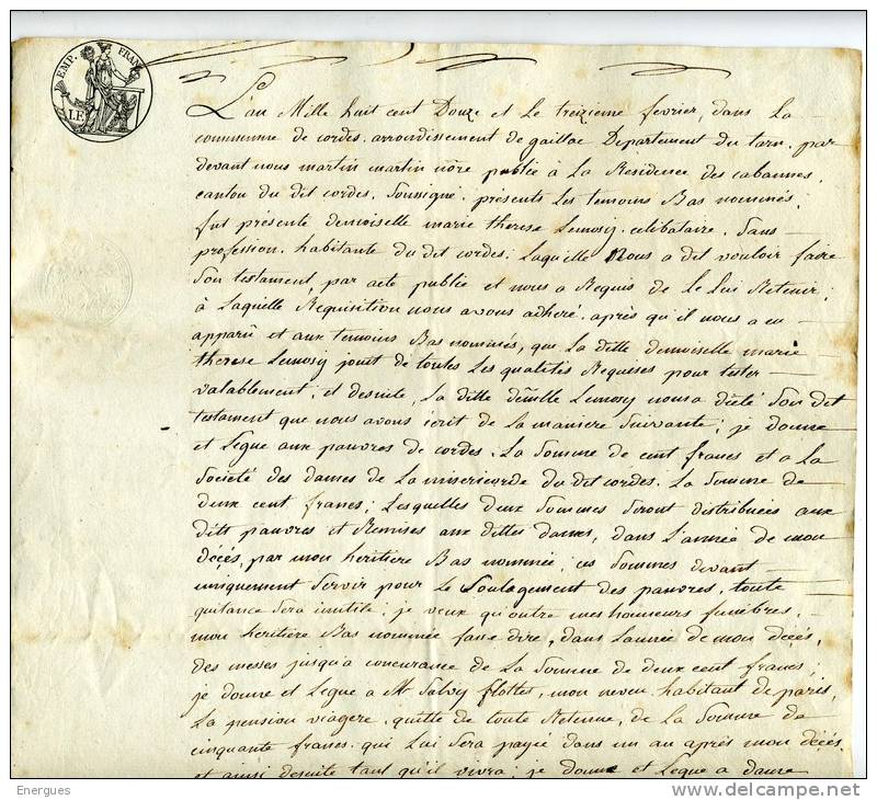 Cordes, D´albigeois 1812, Testament  De Marie-thérèse Lemosy, Lemozy,donation à Une Dizaine De Personnes - Documents Historiques