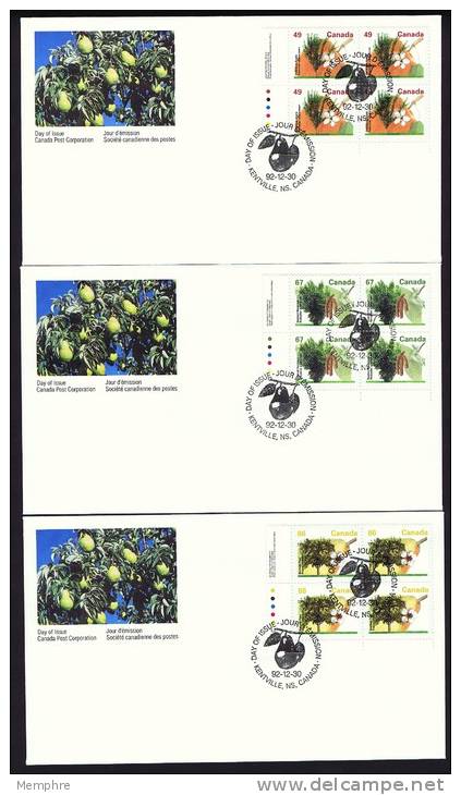 1992  Mid-value Definitives  Fruits: Apple, Hazelnut, Pear   Sc 1364, 1368, 1372 Plate Blocks Of 4 - 1991-2000