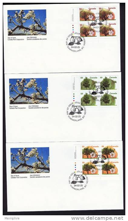 1994  Mid-value Definitives  Fruits: Apple, Hickory, Apricot    Sc 1365, 1369, 1373 Plate Blocks Of 4 - 1991-2000