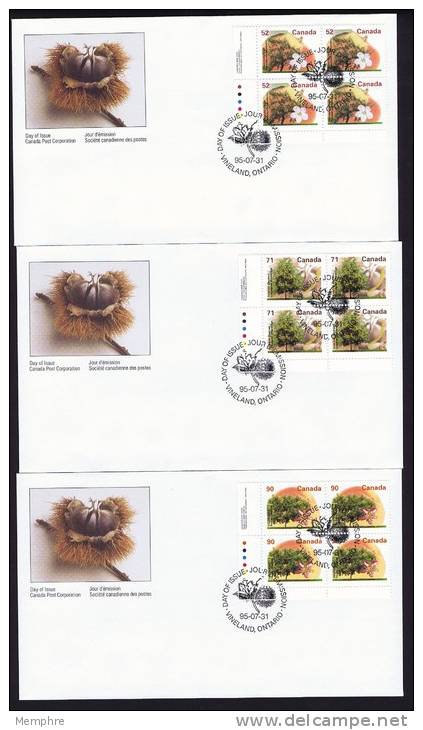 1995  Mid-value Definitives  Fruits: Apple, Chestnut, Peach    Sc 1366, 1370, 1374 Plate Blocks Of 4 - 1991-2000