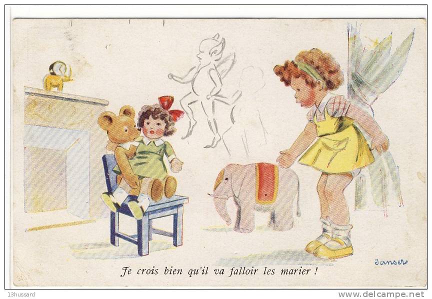 Carte Postale Ancienne Illustrateur Janser - Je Crois Bien Qu'il Va Falloir Les Marier - Poupée, Ours En Peluche, Jouets - Janser