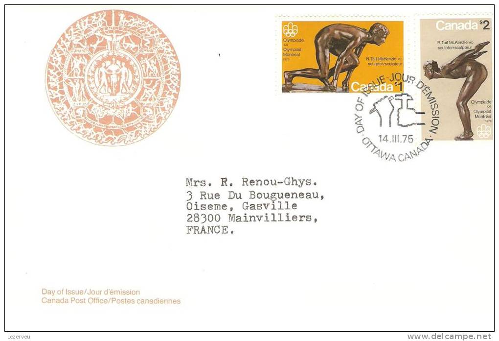 FDC 1° JOUR CANADA JEUX OLYMPIQUE OLYMPIC GAMES OLYMPIADE XXI SCULPTURES TAIT McKENZIE SCULPTOR - 1971-1980