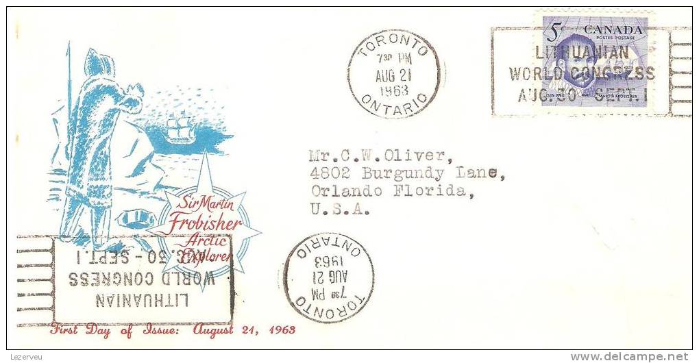 FDC 1° JOUR CANADA SIR MARTIN FROBISHER ARTIC EXPLORER EXPLORATION ARTIQUE POLE POLAIRE (RECTO SEUL) - 1971-1980