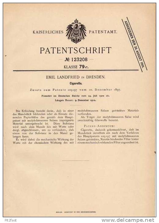 Original Patentschrift - E. Landfrieden In Dresden , 1900 , Cigarette , Zigarette !!! - Documenten