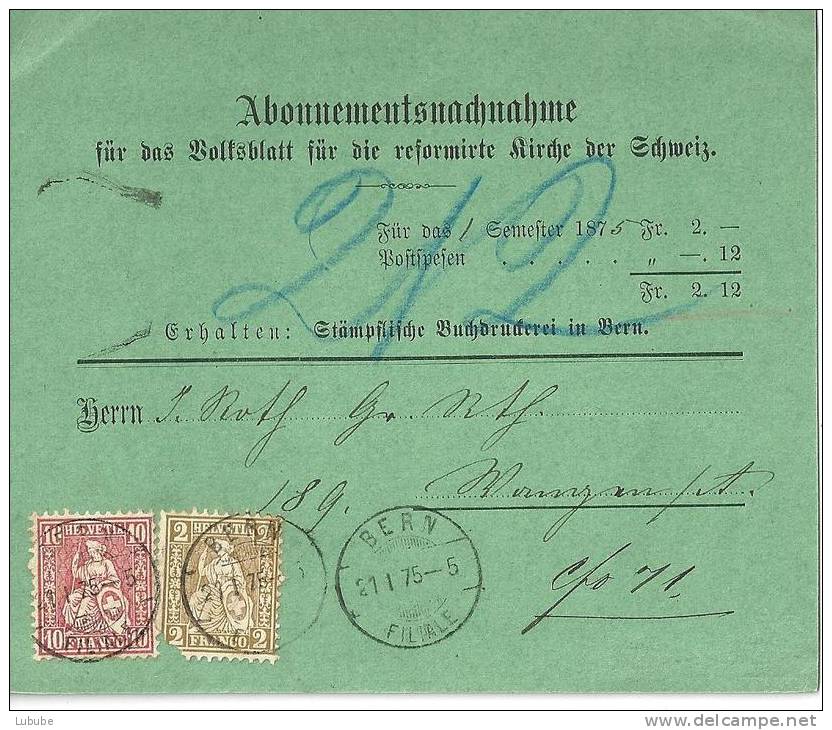 Abonnements NN  "Volksblatt Für Die Reformierte Kirche Schweiz"         1875 - Briefe U. Dokumente