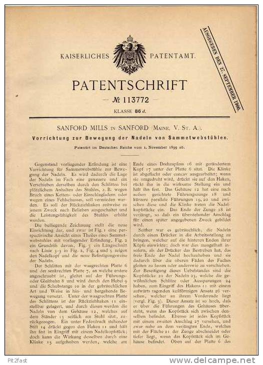 Original Patentschrift - S. Mills In Sanford , Maine , USA , 1899 , Webstuhl , Samt , Weberei !!! - Macchine