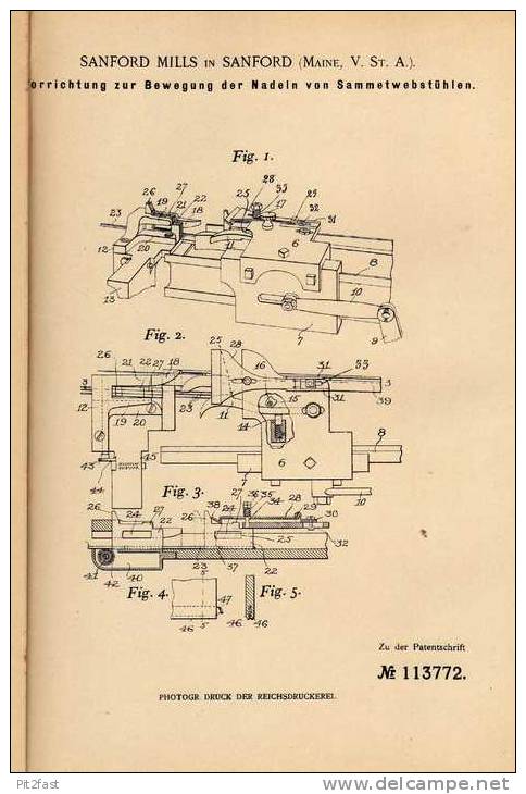 Original Patentschrift - S. Mills In Sanford , Maine , USA , 1899 , Webstuhl , Samt , Weberei !!! - Macchine