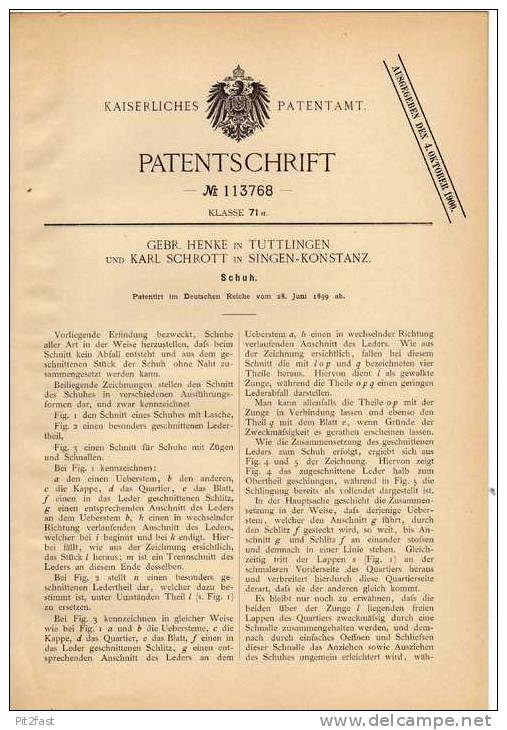 Original Patentschrift - Gebr. Henke In Tuttlingen Und Singen - Konstanz , 1899 , Schuh , Schuhmacher !!! - Shoes