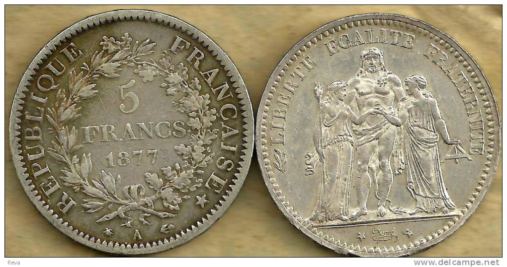 FRANCE 5 FRANCS WREATH FRONT HERCULES BACK 1877 A AG SILVER KM820.1 F+ READ DESCRIPTION CAREFULLY !!! - Otros & Sin Clasificación