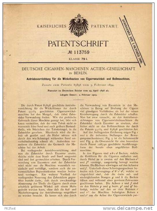 Original Patentschrift - Deutsche Cigarren - Maschinen AG In Berlin , 1898 , Cigarrenwickel- Und Rollmaschine , Cigarre - Documenti
