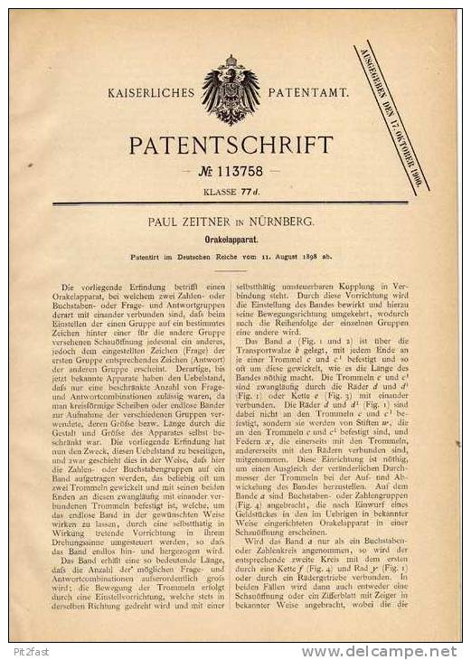 Original Patentschrift - Orakel - Apparat , 1898 , P. Zeitner In Nürnberg , Wahrsagerei , Wahrsager !!! - Antikspielzeug