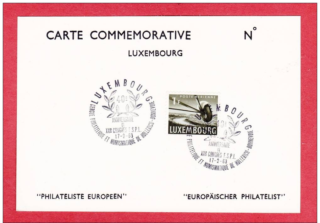 Cachet Illustré LUXEMBOURG  ANNIV. Et XXe CONGRES F.S.P.L. 1963 HOLLERICH-BONNEVOIE - Lettres & Documents