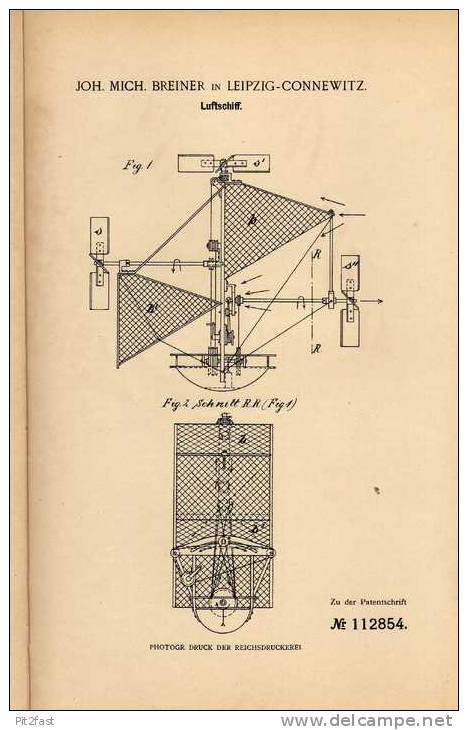 Original Patentschrift - J. Breiner In Leipzig - Connewitz , 1899 , Luftschiff , Luftfahrzeug !!! - Fliegerei