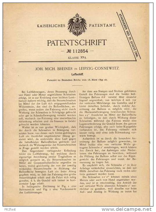 Original Patentschrift - J. Breiner In Leipzig - Connewitz , 1899 , Luftschiff , Luftfahrzeug !!! - Aviation
