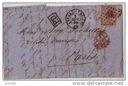 Anvers Vers  Paris Le 2 Septembre 1866.cachet  Anvers +P.D.+timbre30c.brun Cachet à Losange. - 1830-1849 (Belgique Indépendante)